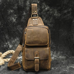 Brown Leather Men's Sling Bags Best Sling Pack Chest Bag One Shoulder Backpack For Men