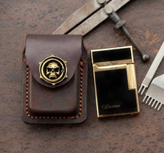 Skull Brown Leather Mens S.T.Dupont Lighter Cases Ronson Lighter Holder For Men