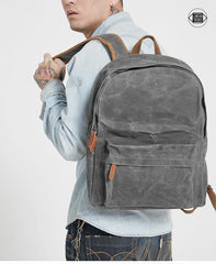 Gray Waxed Canvas Mens Laptop Backpack College Backpack Gray Canvas Travel Backpack for Men - imessengerbags