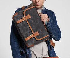 Dark Gray Waxed Canvas Leather Mens Briefcase Side Bag Messenger Bags Casual Courier Bag for Men