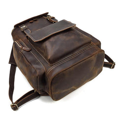 Dark Brown Leather Mens Large 15'' Travel Backpack College Backpack Barrel Backpack for Men