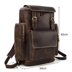 Dark Brown Leather Mens Large 15'' Travel Backpack College Backpack Barrel Backpack for Men