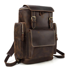 Dark Brown Leather Mens Large 15'' Travel Backpack College Backpack Barrel Backpack for Men