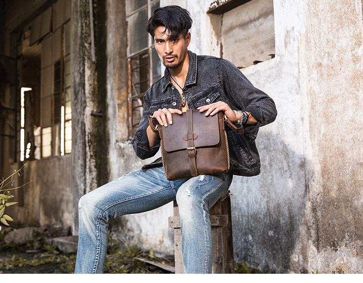 Dark Brown Casual Leather Mens 10 inches Vertical Side Bag Postman