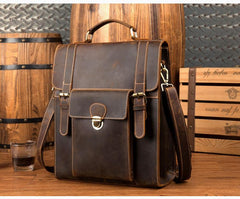 Casual Brown Leather Mens 14 inches School Backpacks Shoulder Briefcase Computer Backpack for Men