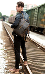 Casual Coffee Leather Mens 14 inches Laptop Travel Backpacks School Computer Backpack for Men - imessengerbags