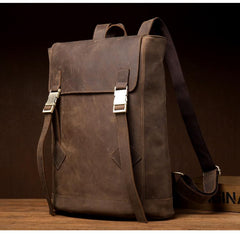 Casual Dark Brown Leather Mens 14 inches School Backpacks Satchel Backpack Computer Backpack for Men
