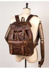 Casual Brown Leather Mens 15 inches Laptop Backpack Travel Backpack Brown School Backpack for Men - imessengerbags