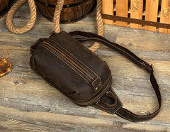 Casual Dark Brown Leather Mens One Shoulder Backpacks Sling Bags Chest Bags for Men