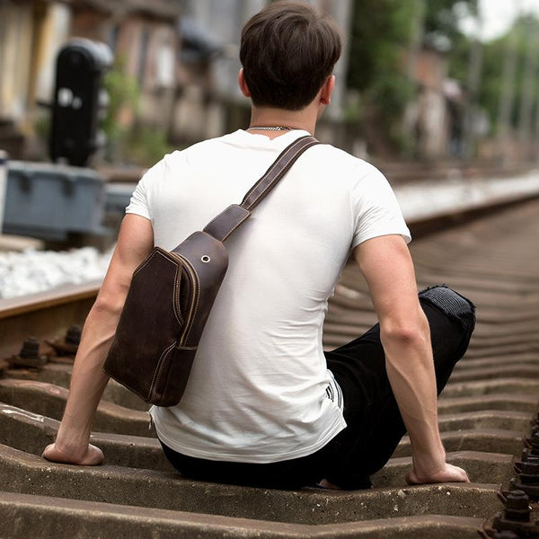 Casual Dark Brown Leather Mens Sling Pack Sling Bags Chest Bags One Shoulder Backpack for Men - imessengerbags