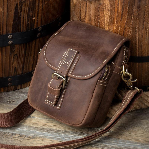 Dark Brown Casual Leather Mens Small Side Bag Messenger Bag Waist Bag Belt Pouch for Men - imessengerbags