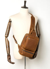 Casual Brown Mens Leather Large Sling Bag One Shoulder Pack Chest Bag Sling Backpack for men - imessengerbags