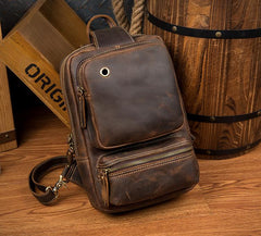 Casual Brown Mens Leather Large Sling Bag One Shoulder Pack Chest Bag Sling Backpack for men - imessengerbags