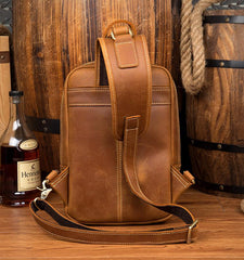 Casual Brown Mens Leather Large Sling Bag One Shoulder Pack Chest Bag Sling Backpack for men