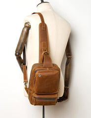 Casual Brown Mens Leather Large Sling Bag One Shoulder Pack Chest Bag Sling Backpack for men - imessengerbags