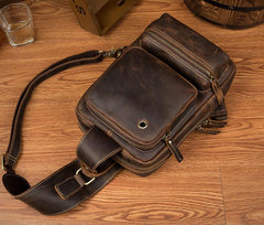 Casual Brown Mens Leather Large Sling Bag One Shoulder Pack Chest Bag Sling Backpack for men - imessengerbags
