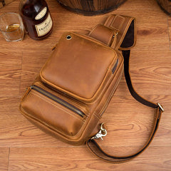 Casual Brown Mens Leather Large Sling Bag One Shoulder Pack Chest Bag Sling Backpack for men - imessengerbags