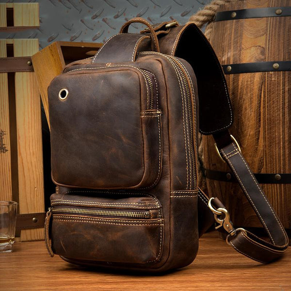 Casual Brown Mens Leather Large Sling Bag One Shoulder Pack Chest Bag Sling Backpack for men - imessengerbags