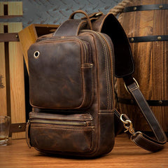 Casual Brown Mens Leather Large Sling Bag One Shoulder Pack Chest Bag Sling Backpack for men - imessengerbags