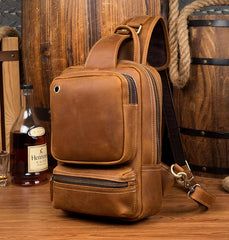 Casual Brown Mens Leather Large Sling Bag One Shoulder Pack Chest Bag Sling Backpack for men - imessengerbags