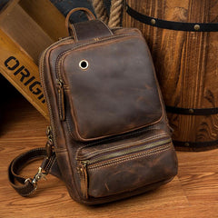 Casual Brown Mens Leather Large Sling Bag One Shoulder Pack Chest Bag Sling Backpack for men - imessengerbags