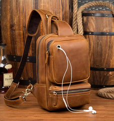 Casual Brown Mens Leather Large Sling Bag One Shoulder Pack Chest Bag Sling Backpack for men - imessengerbags