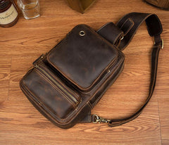 Casual Brown Mens Leather Large Sling Bag One Shoulder Pack Chest Bag Sling Backpack for men - imessengerbags