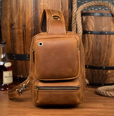Casual Brown Mens Leather Large Sling Bag One Shoulder Pack Chest Bag Sling Backpack for men - imessengerbags