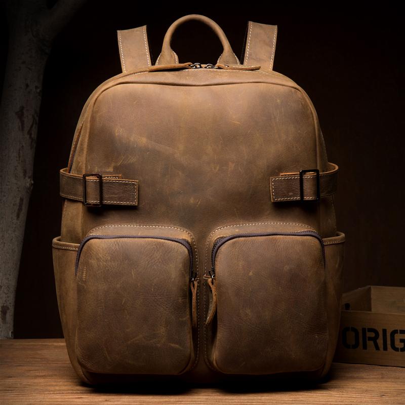 Casual Brown Mens Leather 14-inch Computer Backpacks Coffee Travel Backpack School Backpacks for men - imessengerbags