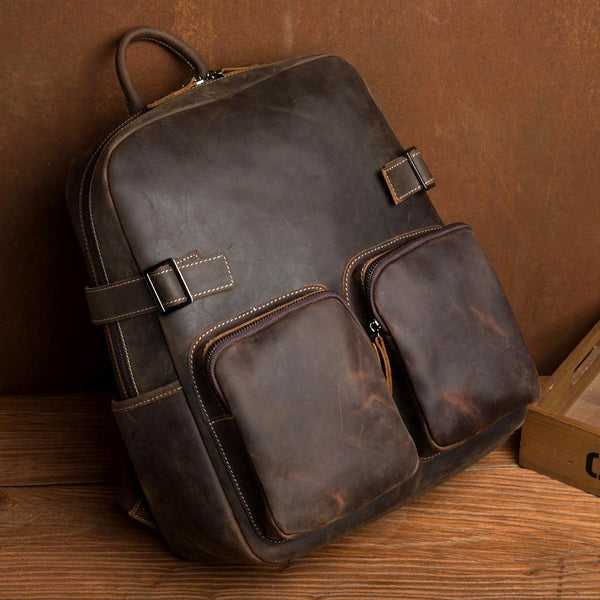 Casual Brown Mens Leather 14-inch Computer Backpacks Coffee Travel Backpack School Backpacks for men - imessengerbags
