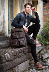 Dark Brown Casual Mens Leather 16inches Computer Backpacks Large Brown Travel Backpack School Backpacks for men - imessengerbags