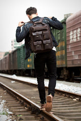 Dark Brown Casual Mens Leather 16inches Computer Backpacks Large Brown Travel Backpack School Backpacks for men - imessengerbags