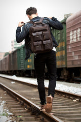 Dark Brown Casual Mens Leather 16inches Computer Backpacks Large Brown Travel Backpack School Backpacks for men