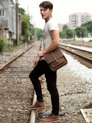 Cool Dark Brown Leather 10 inches Vertical Courier Bag Side Bags Messenger Bag for Men - imessengerbags