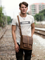 Cool Dark Brown Leather 10 inches Vertical Courier Bag Side Bags Messenger Bag for Men - imessengerbags