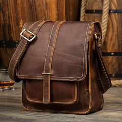 Cool Dark Brown Leather 10 inches Vertical Courier Bag Side Bags Messenger Bag for Men - imessengerbags