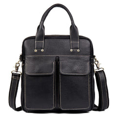 Fashion Black Leather 12 inches Vertical Briefcase Work Shoulder Bag Black Messenger Bag Computer Work Bag for Men