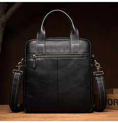 Fashion Black Leather 12 inches Vertical Briefcase Work Shoulder Bag Black Messenger Bag Computer Work Bag for Men