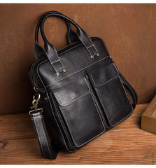 Fashion Black Leather 12 inches Vertical Briefcase Work Shoulder Bag Black Messenger Bag Computer Work Bag for Men - imessengerbags