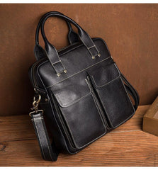Fashion Black Leather 12 inches Vertical Briefcase Work Shoulder Bag Black Messenger Bag Computer Work Bag for Men