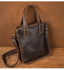 Vintage Dark Brown Leather 12 inches Veritcal Briefcase Work Bag Messenger Bags Handbag for Men