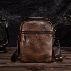 Dark Brown Leather Small Zipper Messenger Bag Vertical Side Bag Brown Courier Bag For Men