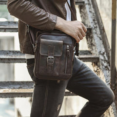 Dark Brown Leather Small Zipper Messenger Bag Vertical Side Bag Brown Courier Bag For Men