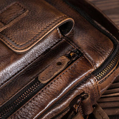 Dark Brown Leather Small Zipper Messenger Bag Vertical Side Bag Brown Courier Bag For Men