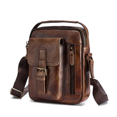 Dark Brown Leather Small Zipper Messenger Bag Vertical Side Bag Brown Courier Bag For Men