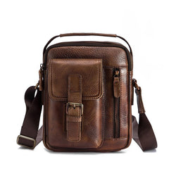 Dark Brown Leather Small Zipper Messenger Bag Vertical Side Bag Brown Courier Bag For Men