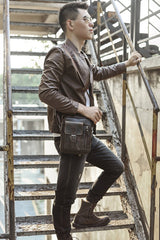 Dark Brown Leather Small Zipper Messenger Bag Vertical Side Bag Brown Courier Bag For Men - imessengerbags