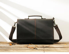 Dark Brown Leather Mens Large 14 inches Work Briefcase Laptop Bag Messenger Bags Work Side Bags for Men