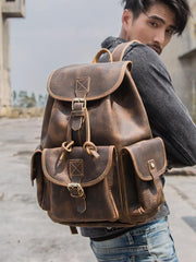 Dark Brown Cool Mens 13 inches Leather Backpacks Travel Backpacks Brown Laptop Backpack for men - imessengerbags