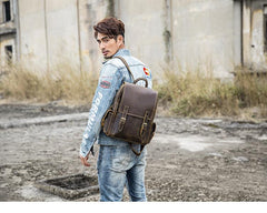 Dark Brown Cool Mens 15 inches Leather Computer Backpacks Travel Backpacks Laptop Backpack for men - imessengerbags